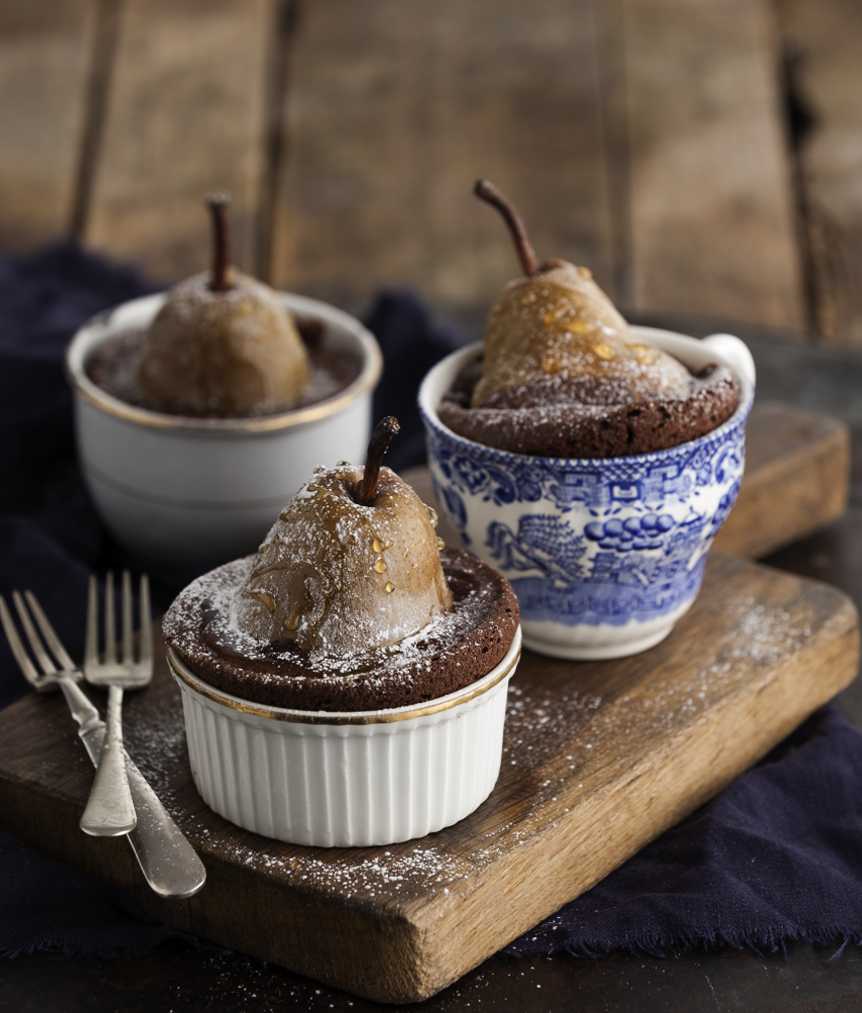 Pear and chocolate cake pots, Julia Azzarello, food stylist, Tesco Finest